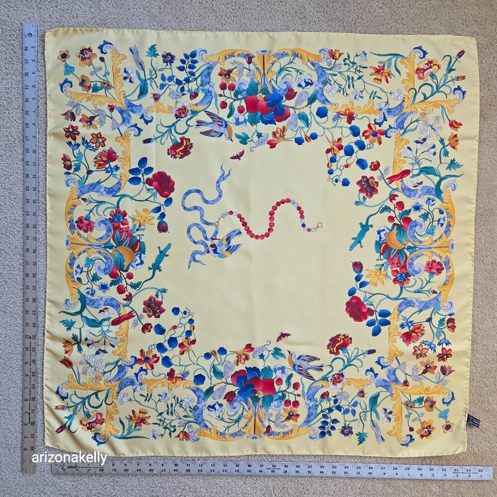 Silk Scarf Large Square Birds Reptiles Flowers Madrid Art Museum - Picture 1 of 8